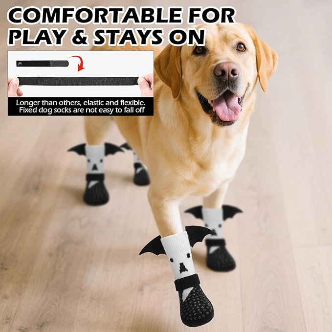 EXPAWLORER Halloween Anti Slip Dog Socks to Prevent Licking Paws, Boots & Paw Protectors with Grippers,Doggie Booties for Hardwood Floors for Small Medium Large Senior Dogs Costume White Ghost Wings L-PurrikoPets