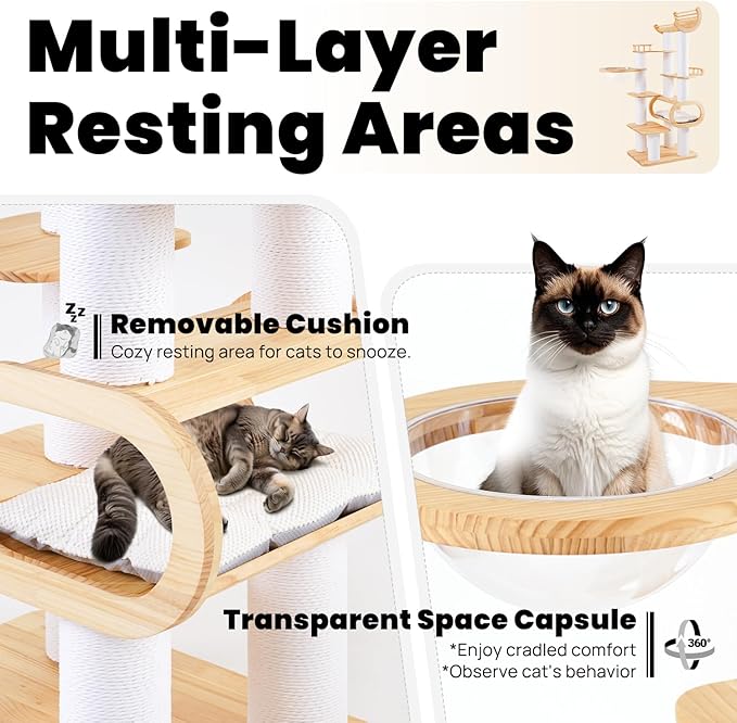 74.8" Modern Cat Tree for Indoor Cats, Tall Wood Cat Tower with Scratching Post, Heavy Duty Luxury Condo with Removable Mats, Multi-Level Cat Furniture for Cats-PurrikoPets