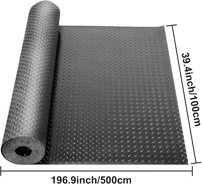 16.4 x 3.3Ft Garage Rubber Flooring Roll, 3 mm Thickness Floor Mat, Diamond Plate PVC Rubber Trailer Mats Non-Slip Flooring for Garage Gym Horse Stall Home Patio (Black)-PurrikoPets