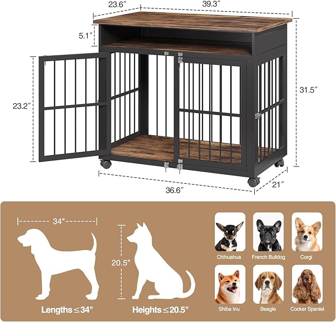 39.4" Dog Crate Furniture for Medium and Large Breed, Dog Kennel Furniture with Storage Shelf & Lockable Wheels, Heavy Duty Wooden End Side Table Pet Cage Indoor, Chew-Resistant, Brown-PurrikoPets