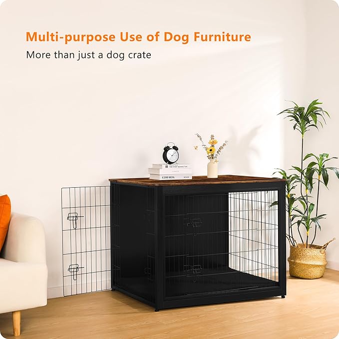 DWANTON Dog Crate Furniture with Cushion, Wooden Kennel Table with Double Doors, Indoor Dog House, Extra Large Size, 43.3" L, Black+Warm Brown-PurrikoPets