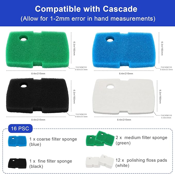 16 PCS Replacement Canister Filter Pad Compatible with Pennplax Cascade 1200/1500 CCF4UL/CCF5UL, Aquarium Sponge Media Parts Canister Filter Floss Pads for Fish Tank-PurrikoPets