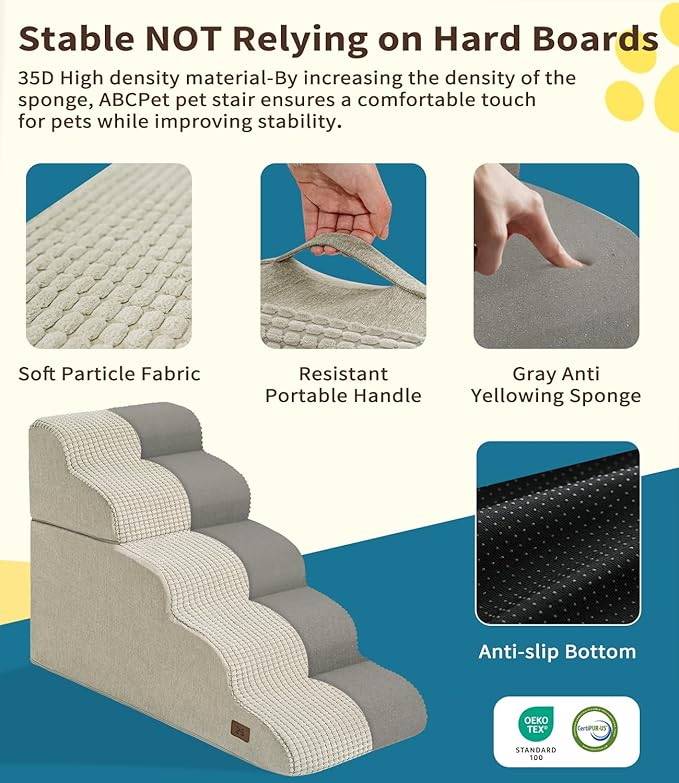 Dog Step for Bed, Dog Stair 5-Step 35D Pet Stair 19.7" H for High Bed or Sofa Non-Slip Balanced Pet Step Indoor, Beige-PurrikoPets