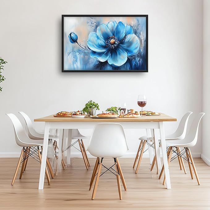 Extra Large Abstract Blue Flower Framed Wall Art for Living Room,Oversized Elegant Floral Pictures Wall Decor,Canvas Print Painting Modern Artwork Bedroom Office Bathroom 36L" x 24W"-PurrikoPets