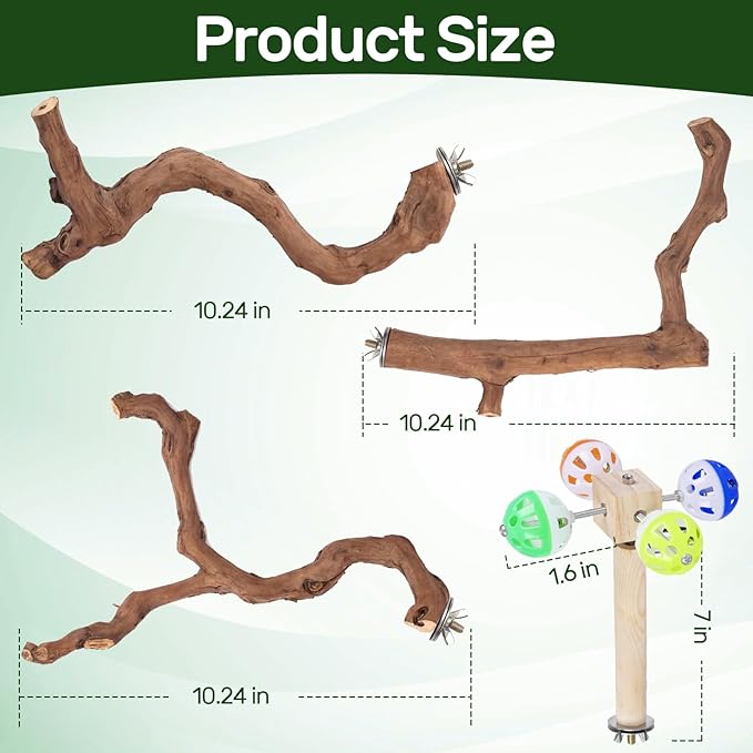 4-Piece Bird Perch Set with Rotating Ball Stand - Natural Wood Bird Gym & Playground for Parrots, Cockatiels, Budgies-PurrikoPets