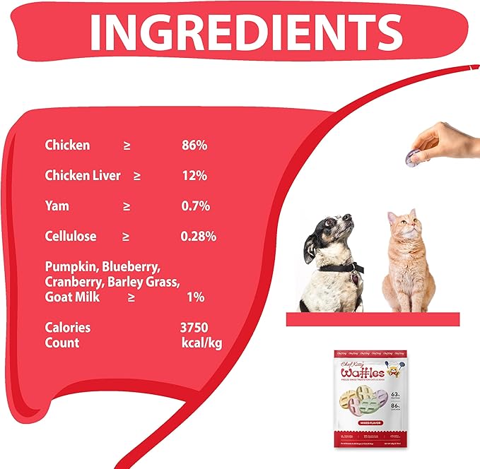 Freeze Dried Chicken Cat & Dog Waffle Treats - Made with Human Grade Chicken Breast & Liver - 5 Natural Flavors - Healthy, Tasty, Dry Food for Indoor Cats, Dogs - Inspected & Tested in USA-PurrikoPets