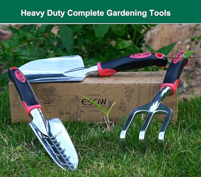 ESOW Garden Tool Set with Non-Slip Rubber Handle, 3 Piece Cast-Aluminum Heavy Duty Gardening Kit Includes Hand Trowel, Transplant Trowel and Cultivator Hand Rake, Red-PurrikoPets