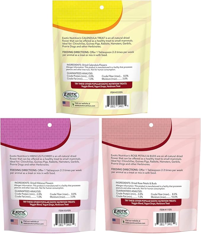 Exotic Nutrition Flower Treat 3 Pack - Healthy Assortment - Hibiscus, Calendula, Rose - for Squirrels, Guinea Pigs, Rabbits, Chinchillas, Prairie Dogs, Degus, Hamster, Gerbils, & Other Herbivores-PurrikoPets