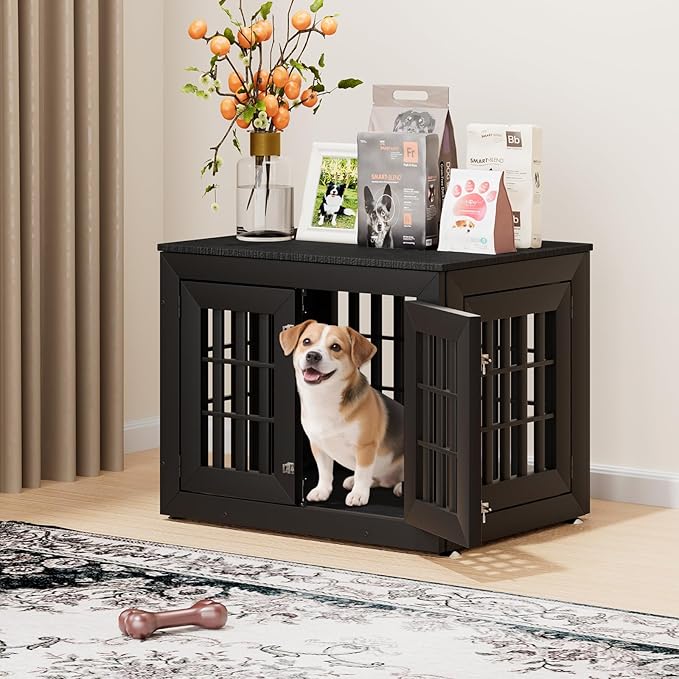 32" Heavy Duty Dog Crate Furniture for Small,Medium and Large Dogs,Rustic Wooden Dog Cage Kennel Indoor Furniture with Waterproof Top,Decorative Pet House Side End Table (Black)-PurrikoPets