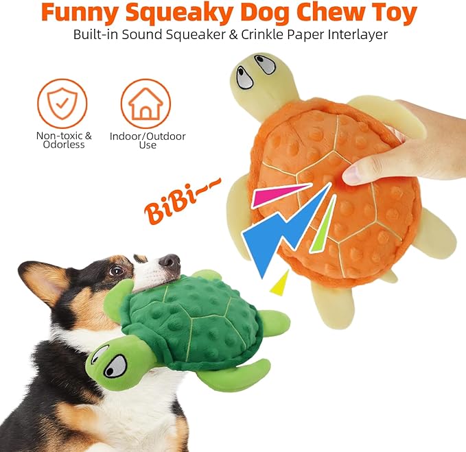 Adpartner Squeaky Toys for Dogs, 2 Pack Turtle Dog Toy Plush Crinkle Dog Toys to Keep Them Busy, Interactive Squeak Stuffed Pet Chew Toys for Small to Medium Dogs Teething Training Reduce Boredom-PurrikoPets