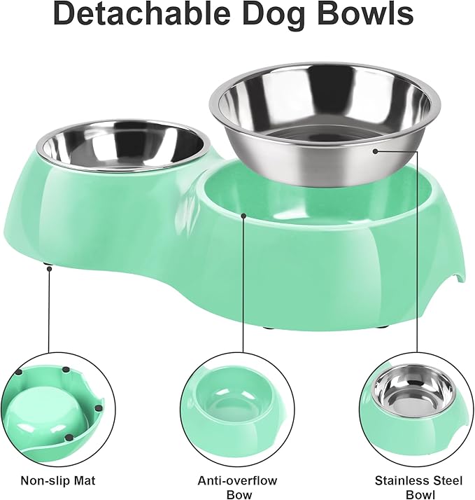Elevated Dog Bowls Set - Non-Slip Raised Pet Feeder with Medium (2 Cups) & Large (4 Cups) Stainless Steel Bowls - Includes Durable Resin Stand for Puppies, Adult Dogs & Cats - Green-PurrikoPets