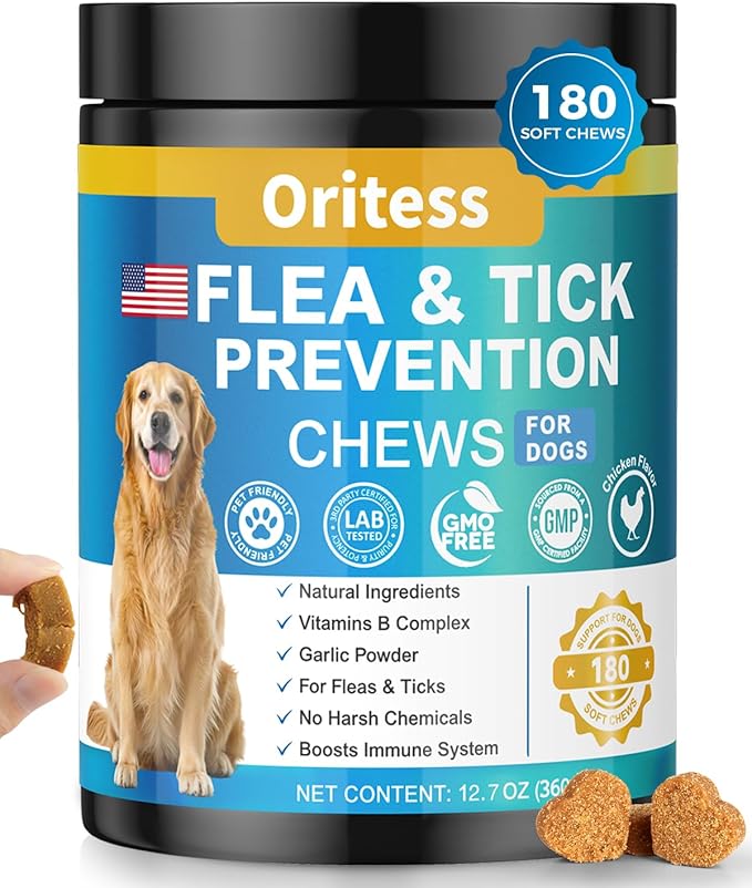 Flea and Tick Prevention for Dogs, 180 Soft Chews Natural Dog Flea and Tick Chewables Oral Flea Supplement for Dogs, Puppy Flea Support - All Breeds & Ages - Chicken Flavor-PurrikoPets