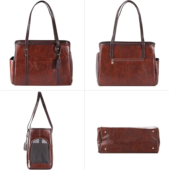 Fashion Dog Carrier Purse, Premium Leather Cat Carrier Bag, Airline Approved Soft Sided Pet Travel Tote Bag with Pockets Coffee-PurrikoPets