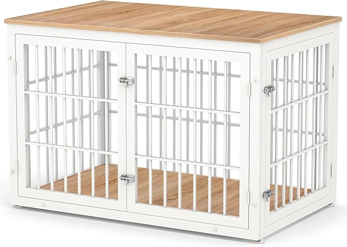 48 Inch Heavy Duty Dog Crate Furniture for Large Dogs, Decorative Pet House End Table, Extra Large Wooden Cage Kennel Furniture Indoor, Natural and White-PurrikoPets