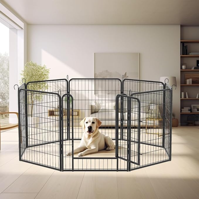 Dog Playpen, Outdoor Dog Fence, 8 Panels, 32" H Dog Pen for Medium/Small Dogs, Heavy Duty Metal Pet Fence with Gate, Portable Dog Fence for RV Camping and Yard (Black)-PurrikoPets