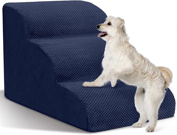 Dog Stairs for Small Dogs - High Density Foam Pet Steps, Extra Wide Dog Ramp with Non-Slip Bottom for High Beds, Couch and Sofa, Best for Dogs Injured, Older Doggy Cats, 3 Steps, Navy-PurrikoPets