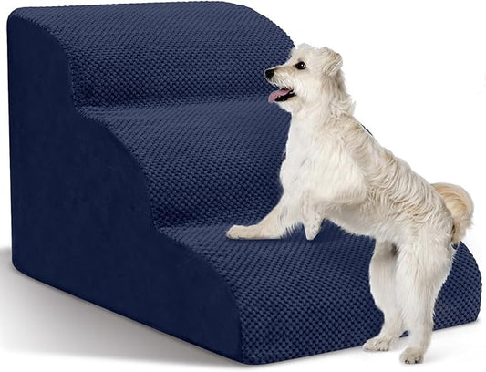 Dog Stairs for Small Dogs - High Density Foam Pet Steps, Extra Wide Dog Ramp with Non-Slip Bottom for High Beds, Couch and Sofa, Best for Dogs Injured, Older Doggy Cats, 3 Steps, Navy-PurrikoPets