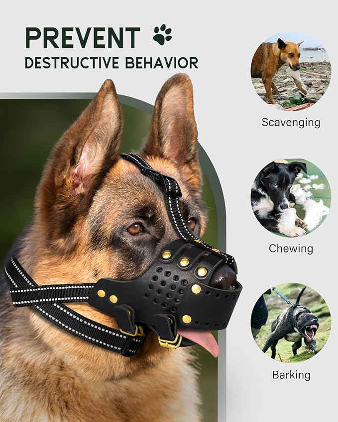 Dog Muzzle, Leather Basket Soft Muzzles Medium Large Breeds, Pitbull Dog Muzzle Amstaff Staffordshire Terrier, German Shepherd Dalmatian Doberman Adjustable (M)-PurrikoPets