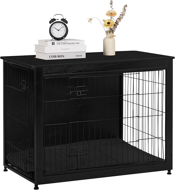 DWANTON Dog Crate Furniture with Cushion, Wooden Kennel Table with Double Doors, Indoor Dog House, Large Size, 38.5" L, Black-PurrikoPets
