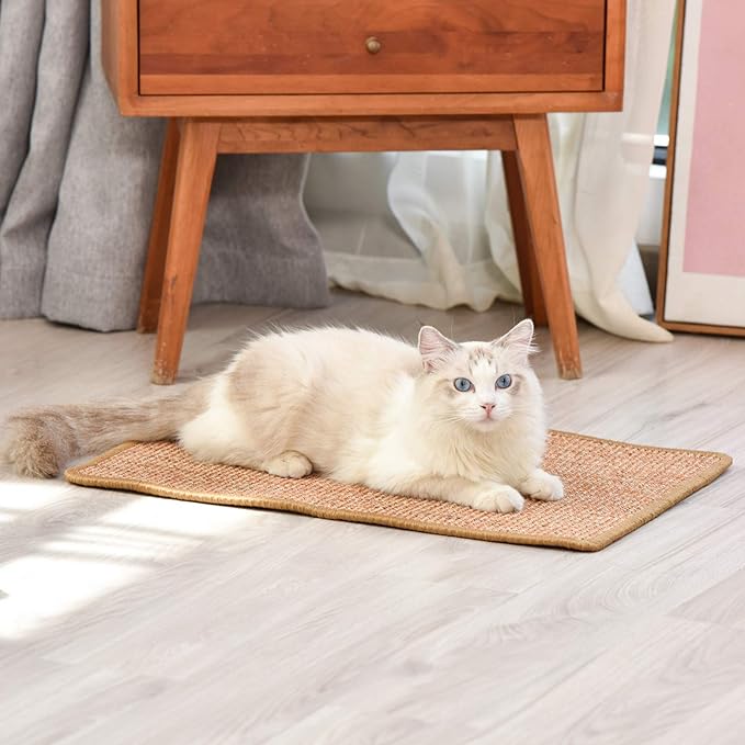 FUKUMARU Cat Scratcher Mat, 23.6 X 15.7 Inch Natural Sisal Cat Scratch Mats, Horizontal Cat Floor Scratching Pad Rug with Sticky Tapes, Protect Couch and Carpets-PurrikoPets