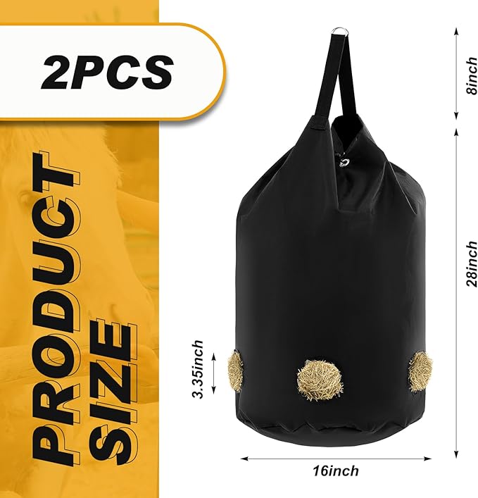 2 Pcs hay Bags for Horses Goats Slow Feed 1680D Oxford Bag Black Large Capacity Net Open Feed Hole Hay Holder for Horse Goats Sheep(5 Holes)-PurrikoPets