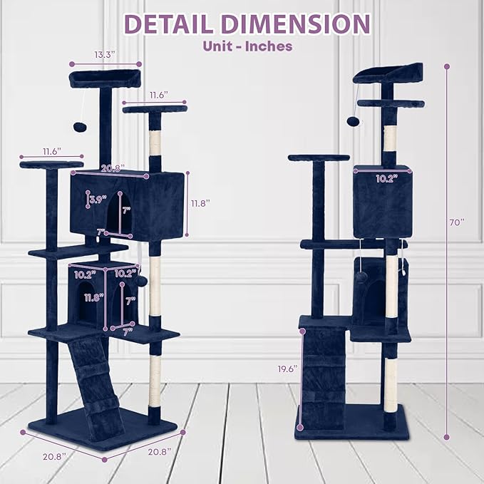 70 Inches Multi-Level Cat Tower for Indoor Cats - XL Tree Climbing Condo With Scratching Posts and Hanging Toys, Navy Blue-PurrikoPets