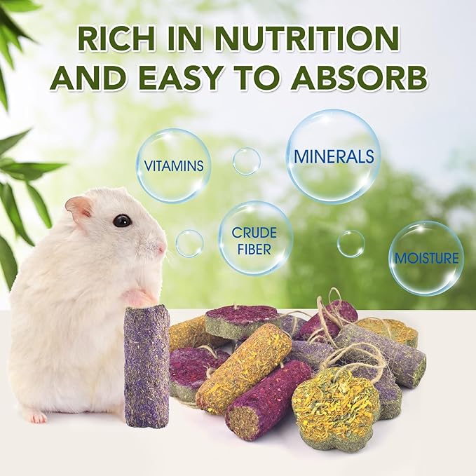 12PCS Rabbit Chew Sticks, Hanging Chew Sticks & Cakes Timothy Hay Rose Chrysanthemum Treat for Bunny Chinchilla Guinea Pig Hamster and Other Small Pets Molar Snack Toy-PurrikoPets