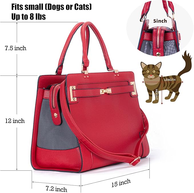 Fashion Pet Carrier Dog Cat Carrier Purse Soft-Sided Leather Handbag Pet Tote Bag for Small Dogs Puppy and Cats TSA Airline Approved (Red)-PurrikoPets