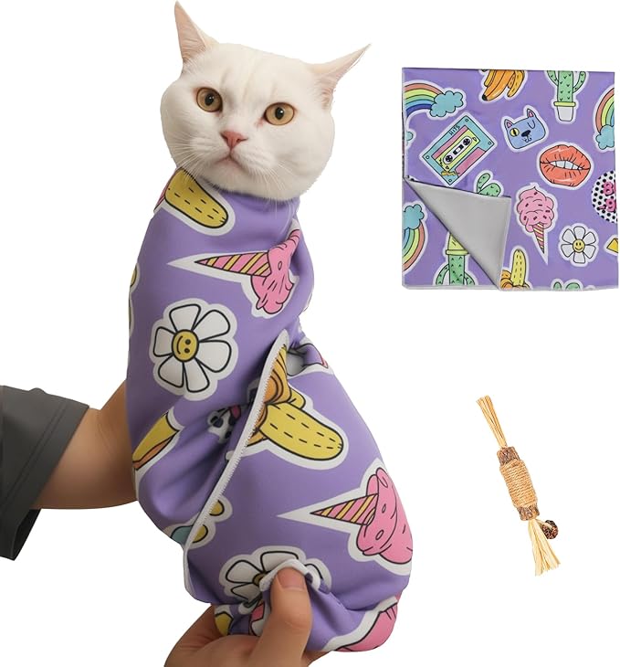 27.6" Cat Grooming Wrap,Self-Adherent Cat Wrap for Cutting Nails,Anti-Escape Cat Swaddle Wrap,Multifunctional Anti-Scratch Cat Restraint Wrap for Medicine,Nail Clipping,Ear Cleaning(Within 15lbs)-PurrikoPets