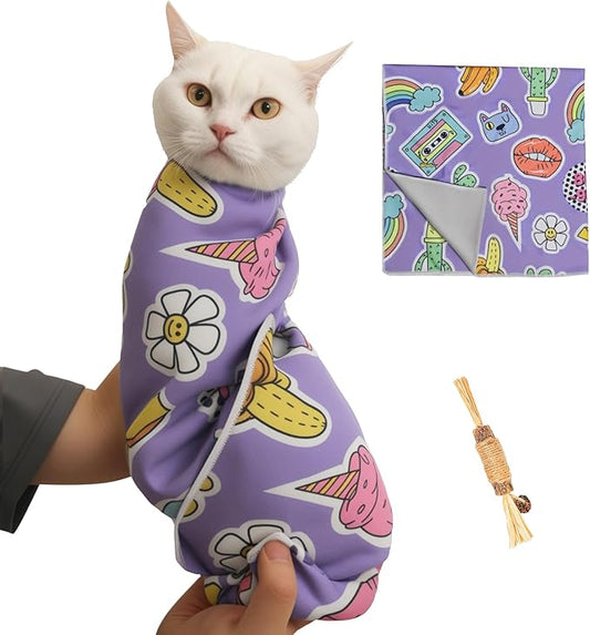 27.6" Cat Grooming Wrap,Self-Adherent Cat Wrap for Cutting Nails,Anti-Escape Cat Swaddle Wrap,Multifunctional Anti-Scratch Cat Restraint Wrap for Medicine,Nail Clipping,Ear Cleaning(Within 15lbs)-PurrikoPets