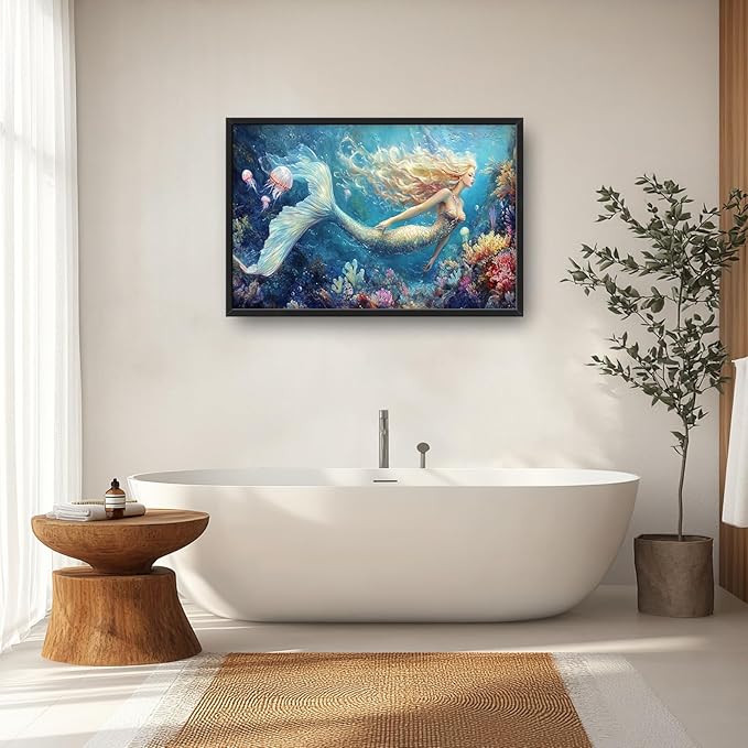 Extra Large Framed Mermaid Wall Art,Oversized Undersea Ocean Wall Decor,Colorful Coral Reefs Pictures for Living Room,Elegant Canvas Print Painting Modern Artwork Bedroom Bathroom 36L x 24W-PurrikoPets