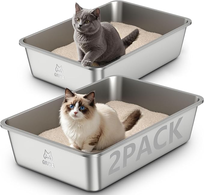 2 Pack Stainless Steel Cat Litter Box, 23.4" L×15.6" W×5.9" H, Metal Kitty Litter Box with High Sided for Big Cats, Non-Stick, Easy to Clean, Odor-Free-PurrikoPets