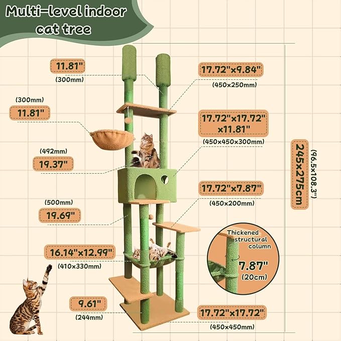 96.5"-108" Cat Tree Floor to Ceiling 7-Tier Cat Tower Adjustable Height with Scratching Posts, Cozy Hammock, Cat Condo for Indoor Cats(Green)-PurrikoPets