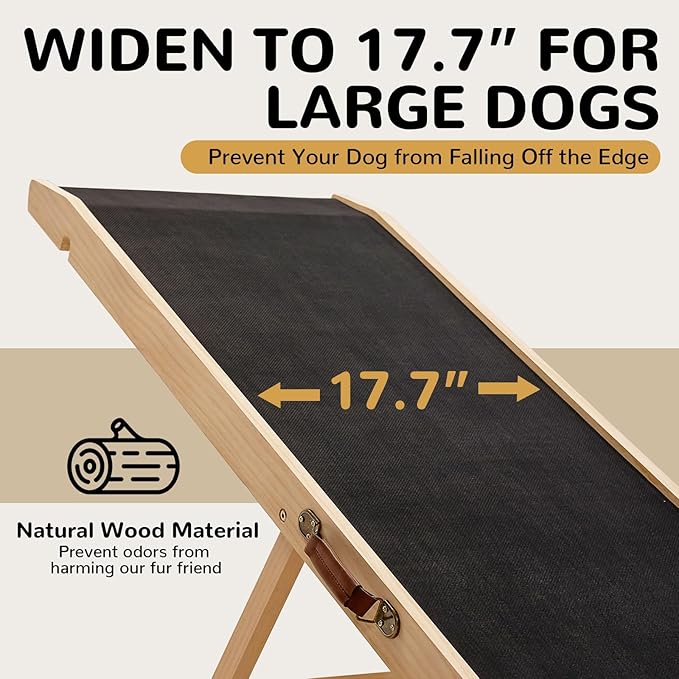 Folding Wooden Dog Ramp for Bed, Couch & Car,45IN Long- 5 Level Adjustable Pet Ramp, Non-Slip Rubber Mat, 17.7'' Extra Wide - Supports Small & Large Senior Dogs & Cats up to 200 lbs-PurrikoPets