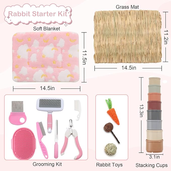 25 Pcs Large Rabbit Starter Kit, Bunny Litter Box with Drawer Animal Grooming Kit Stacking Cups Bowl Blankets Mat with Cleaning Set for Adult Guinea Pig, Ferret, Hamster, Bunnies Accessories (Pink)-PurrikoPets