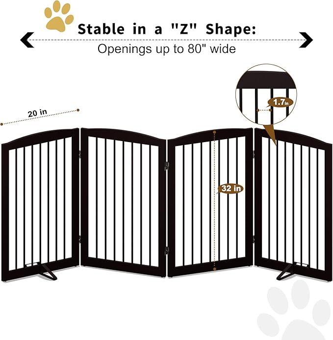 Freestanding Pet Gate for Dogs, Indoor Wooden Foldable Dog Gate for House, Doorway, Stair, 80 Inch Wide, 4 Panels 32",Brown-PurrikoPets