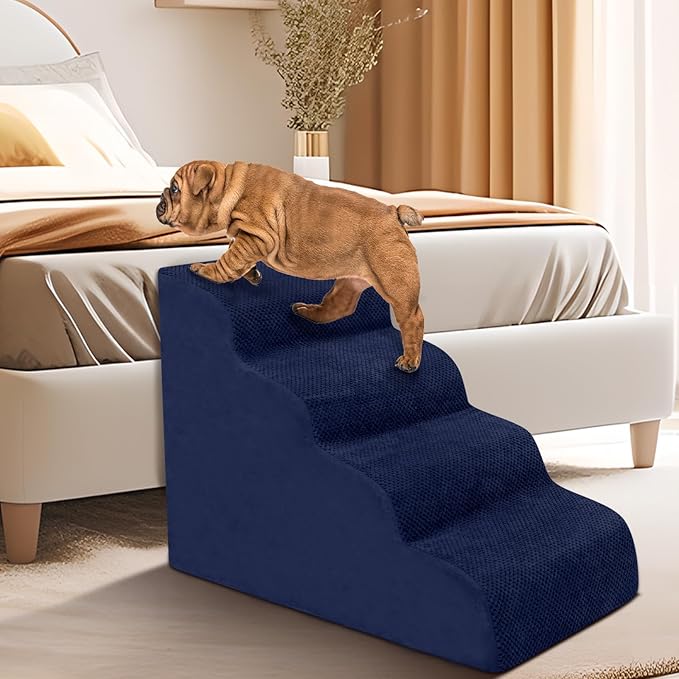 Dog Stairs for Small Dogs - High Density Foam Pet Steps, Extra Wide Dog Ramp with Non-Slip Bottom for High Beds, Couch and Sofa, Best for Dogs Injured, Older Doggy Cats, 4 Steps, Navy-PurrikoPets