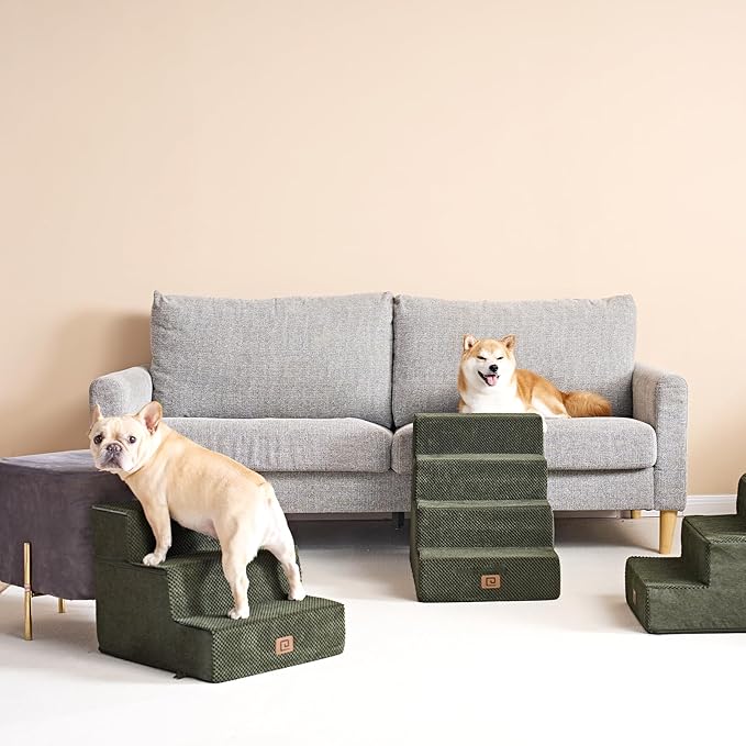 EHEYCIGA Dog Stairs for Bed 18" H, 4-Step Dog Steps for High Bed, Pet Steps for Small Dogs and Cats, Non-Slip Balanced Pet Ramp Indoor, Olive Green-PurrikoPets