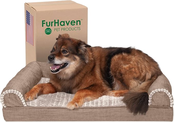 Furhaven Cooling Gel Dog Bed for Large/Medium Dogs w/ Removable Bolsters & Washable Cover, For Dogs Up to 55 lbs - Luxe Faux Fur & Performance Linen Sofa - Woodsmoke, Large-PurrikoPets