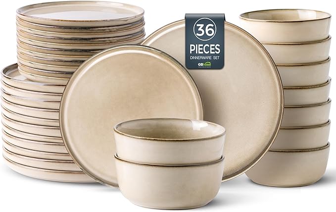 GBHOME Ceramic Dinnerware Sets for 12, 36 Pieces Stoneware Plates and Bowls Sets, Reactive Glaze Dishes -Scratch Resistant, Dishwasher&Microwave Safe-PurrikoPets