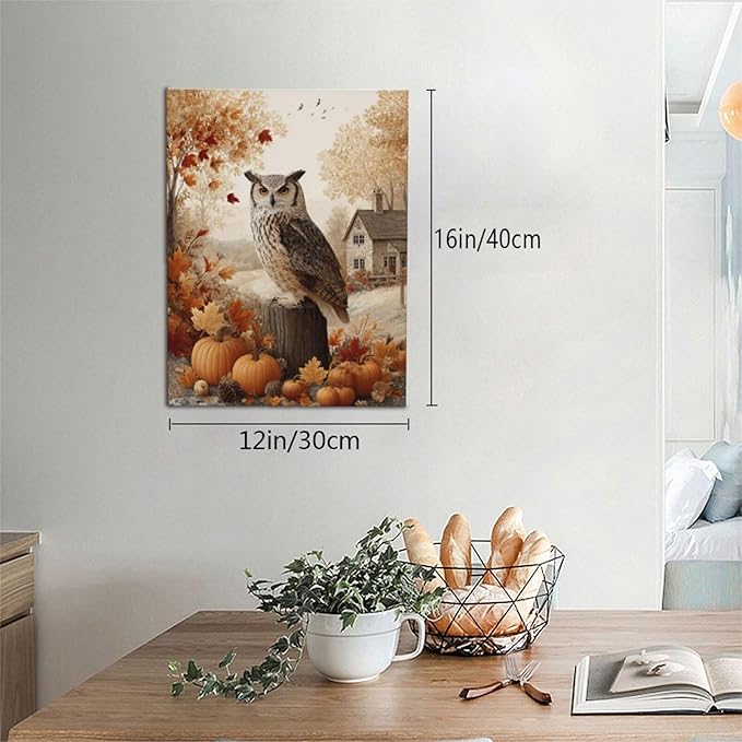 Fall Owl Wall Art Autumn Pumpkin Leaves Wall Decor Rustic Canvas Print Farmhouse Pictures Painting Print Framed Artwork Decorations Gifts for Living Room Bathroom Bedroom Office 12"x16"-PurrikoPets