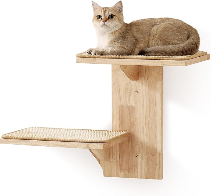 FUKUMARU Cat Wall Shelves, 2 Platform Kitten Wall Furniture, Tree Shape Wall-Mounted Floating Shelf with Sisal Mat, Solid Rubber Wood Cats Perch for 16 Inch Drywall, Suitable for Climb, Play, Nap-PurrikoPets