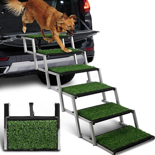 Extra Wide Dog Stairs for Car, Portable Folding Dog Ramps,Doggy Steps for Large Dogs with Non-Slip Grass Rug for Cars, SUV, Trucks, Lightweight Pet Ramp Supports Up to 200 lb, 6 Steps-PurrikoPets