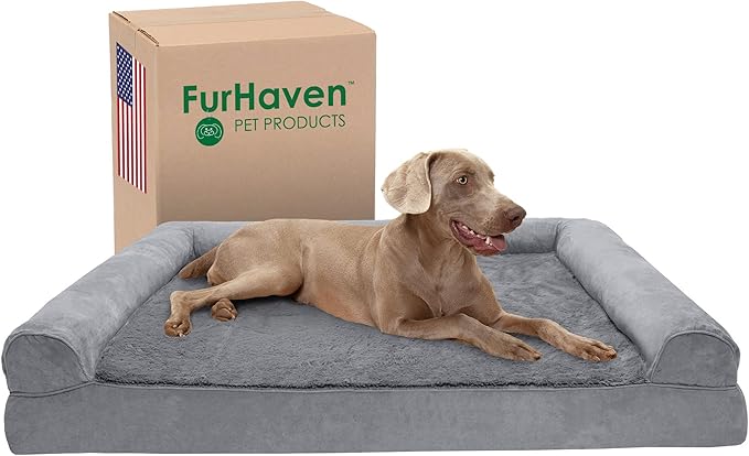 Furhaven Cooling Gel Dog Bed for Large Dogs w/ Removable Bolsters & Washable Cover, For Dogs Up to 125 lbs - Plush & Suede Sofa - Gray, Jumbo Plus/XXL-PurrikoPets