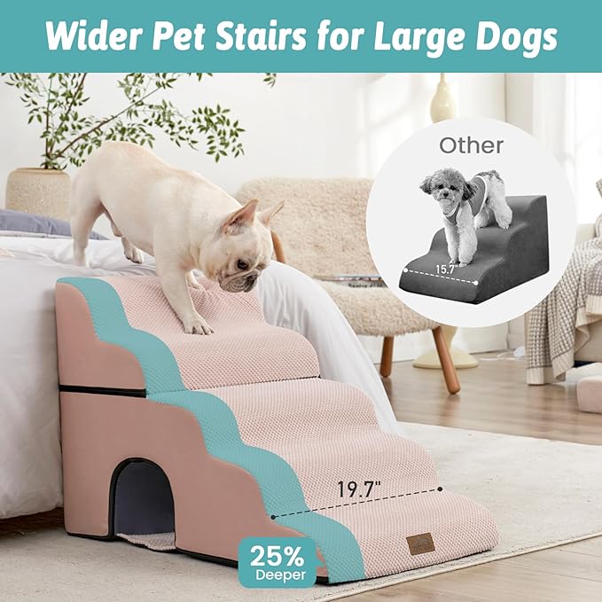 Extra Wide Dog Stairs with Tunnel, Detachable Large Pet Step for Small Medium Dog, Puppy or Cat, Ramp for High Bed, Couch, Sofa or Car, Stable, 19.7x33x22.4 inch, 5 Step, Pink-PurrikoPets