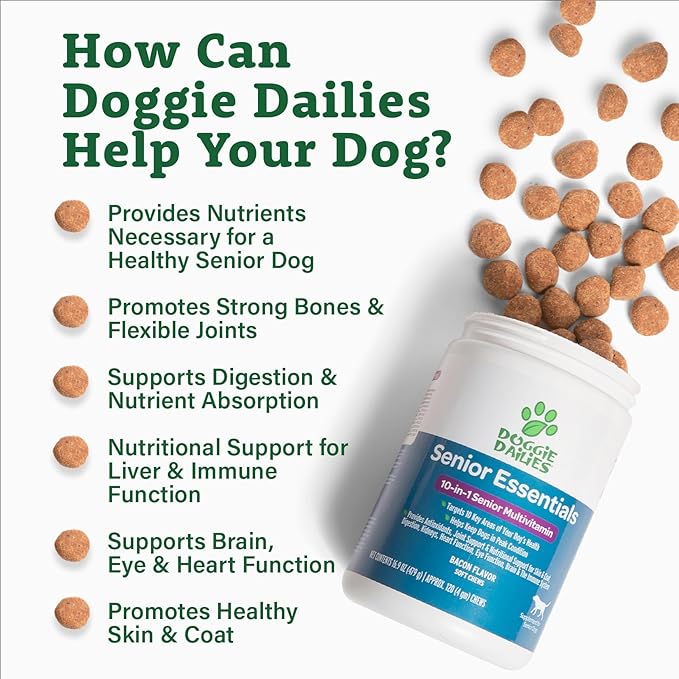 Doggie Dailies Senior Essentials Multivitamin for Dogs Soft Chews | Advanced Dog Multivitamin | Nutritional Support for Joints, Skin & Coat, Digestion, and the Immune System | Bacon Flavor | 120 Count-PurrikoPets