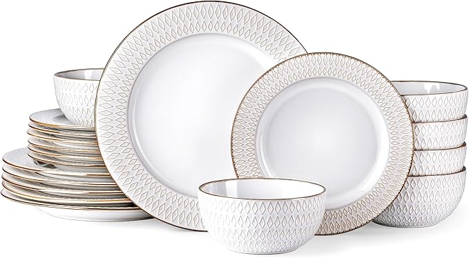 GBHOME Ceramic Dinnerware Sets,18 pcs Embossed Elegant Stoneware Plates and Bowls Sets, Housewarming Wedding Gift | Dishwasher & Microwave Safe | Dishes Set Service for 6-PurrikoPets