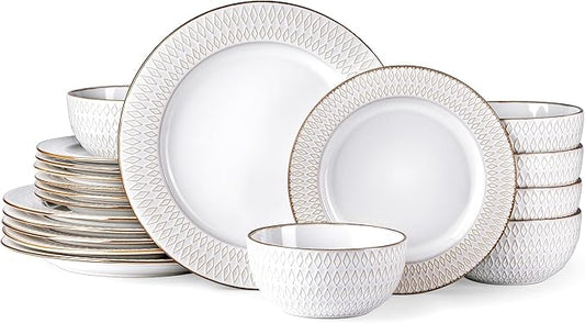 GBHOME Ceramic Dinnerware Sets,18 pcs Embossed Elegant Stoneware Plates and Bowls Sets, Housewarming Wedding Gift | Dishwasher & Microwave Safe | Dishes Set Service for 6-PurrikoPets