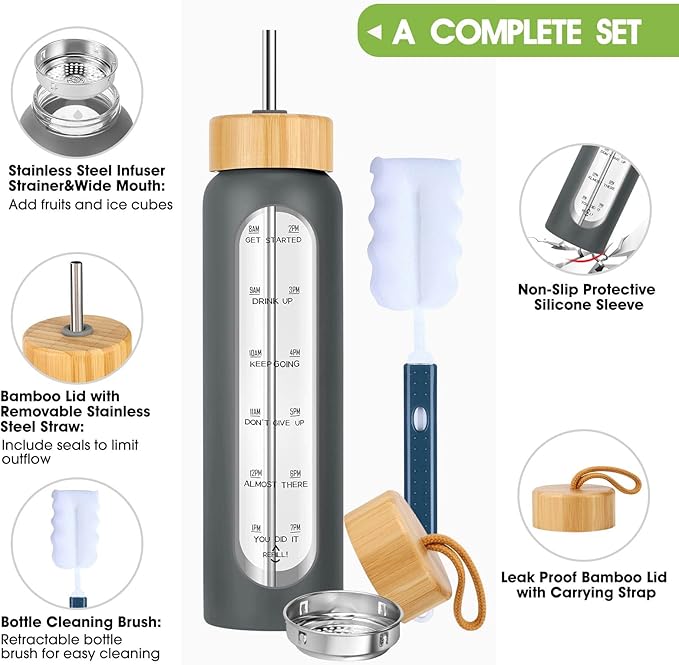 32 oz Glass Water Bottle with Straw - Motivational Time Marker & Silicone Sleeve - Reusable Tumbler Includes 2 Bamboo Lids & Fruit Infuser - 1 Pack-PurrikoPets