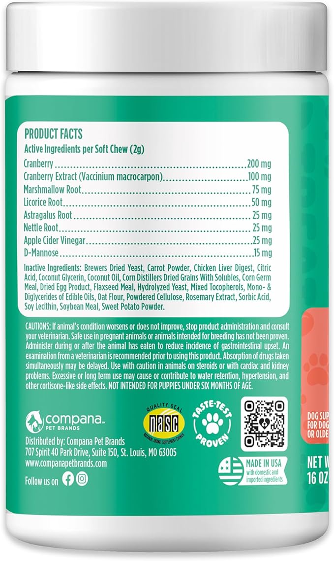 Doggie Dailies Cranberry Supplement for Dogs - Urinary Tract, Bladder & Kidney Support for Dogs - Cranberry for dogs with Marshmallow Root, Licorice Root & Apple Cider Vinegar (Chicken) 225 Soft Chews-PurrikoPets